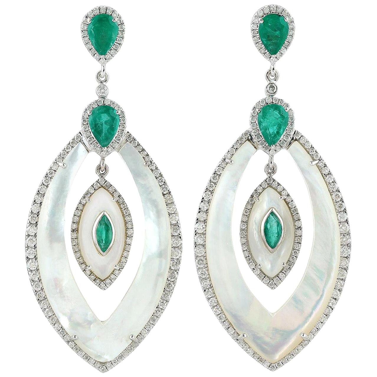 2.8 Carat Emerald Mother of Pearl Diamond 18 Karat Gold Earrings