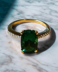2.8 Carat Green Tourmaline Ring with Diamond Pave in 18k Gold
