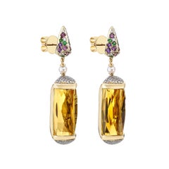 Sunita Nahata Honey Quartz 28.00ct. Drop Earring in 18K Yellow Gold with Diamond