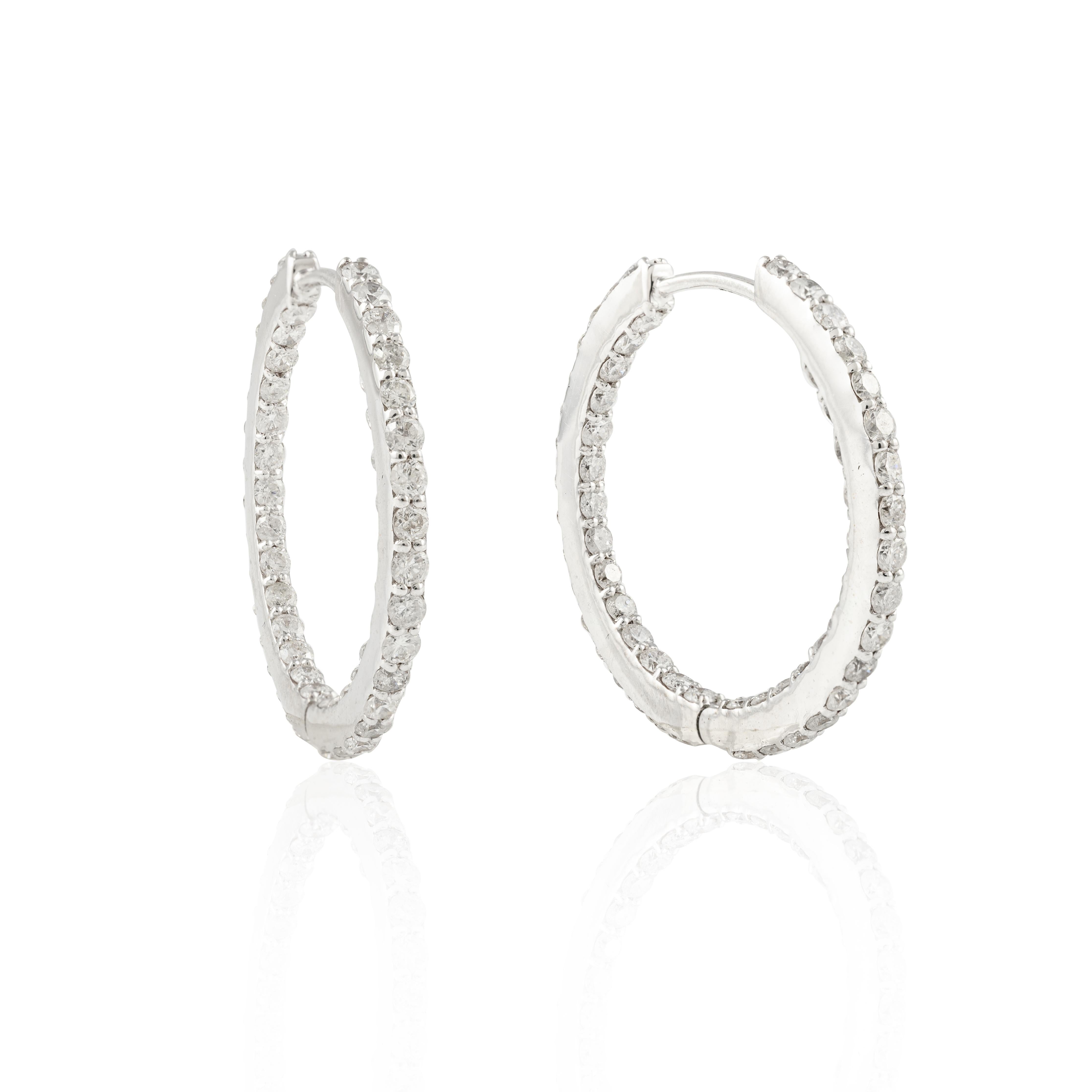 Modern 2.8 Carat Hoop Diamond Earrings For Women Studded in 18k Solid White Gold For Sale