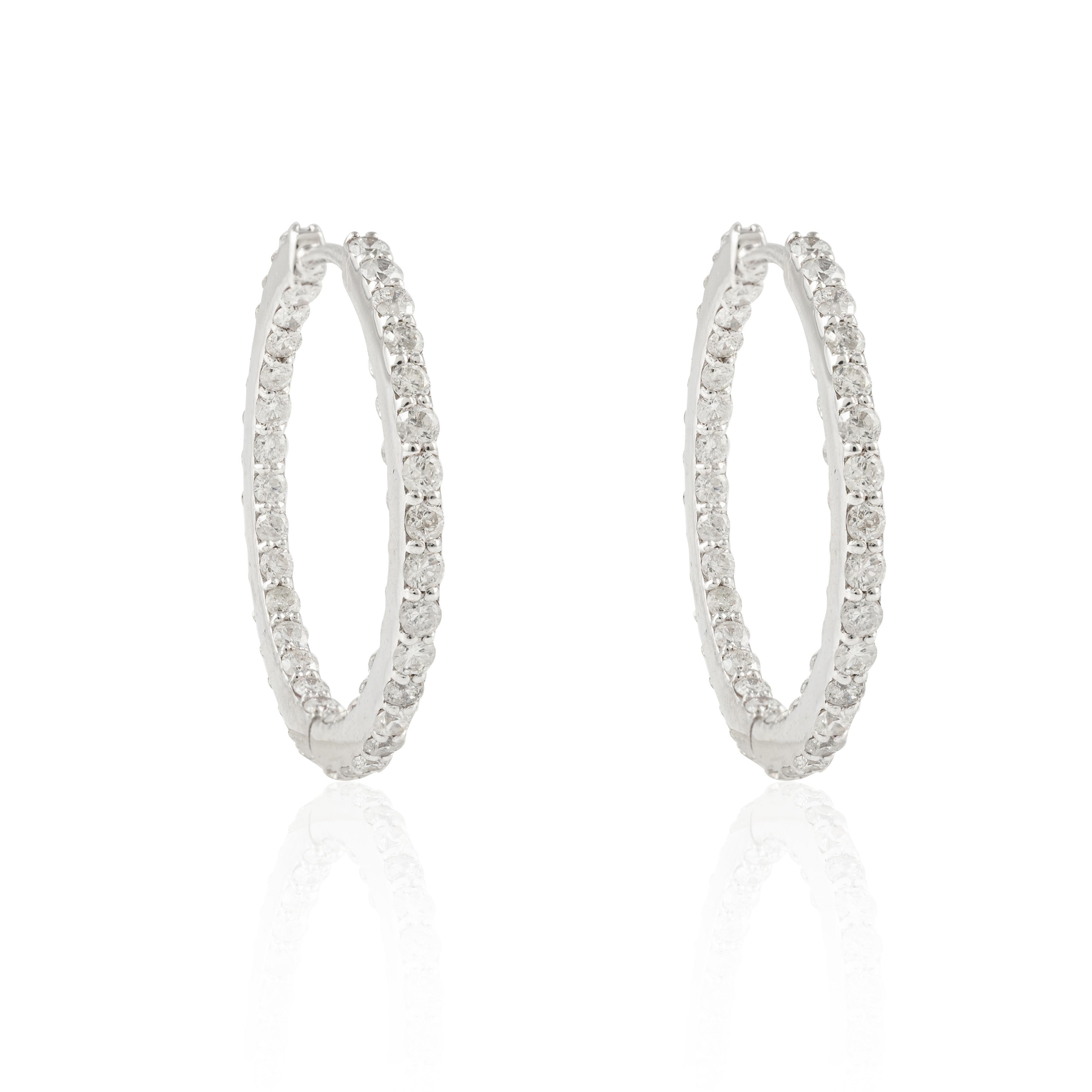 2.8 Carat Hoop Diamond Earrings For Women Studded in 18k Solid White Gold In New Condition For Sale In Houston, TX