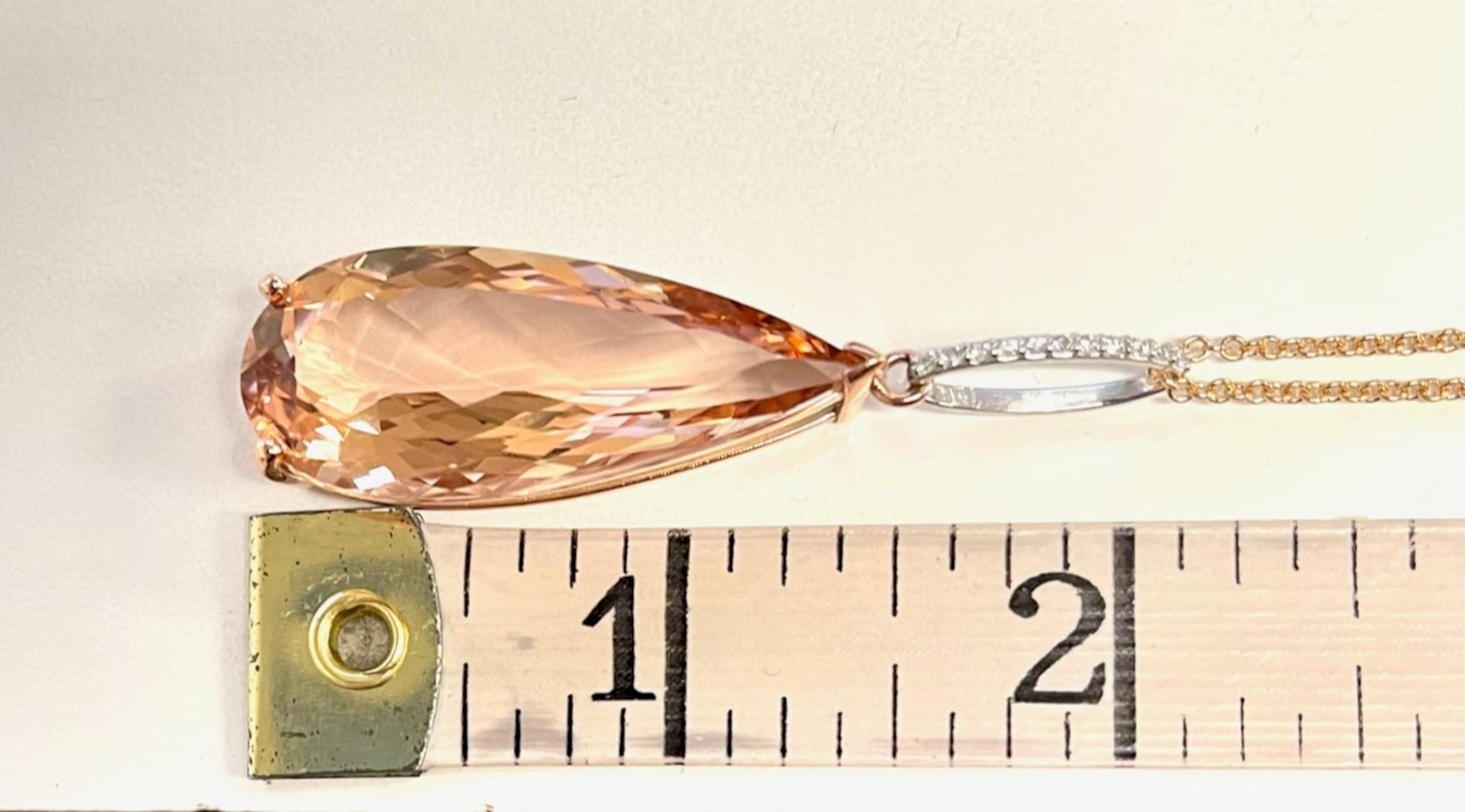 28 Carat Morganite Pear Shape and Diamond Necklace in 18k Rose and White Gold For Sale 4