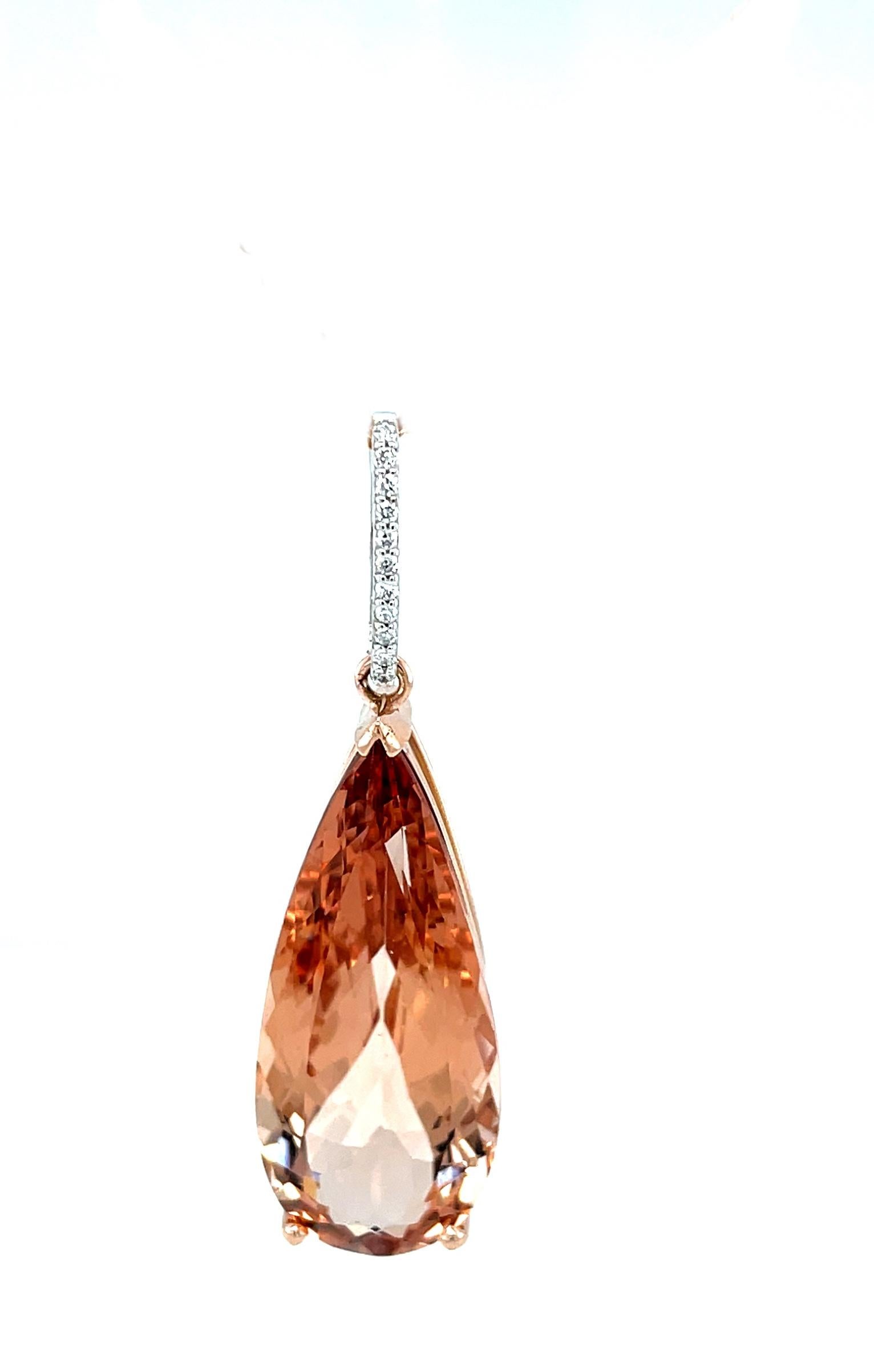 Women's 28 Carat Morganite Pear Shape and Diamond Necklace in 18k Rose and White Gold For Sale