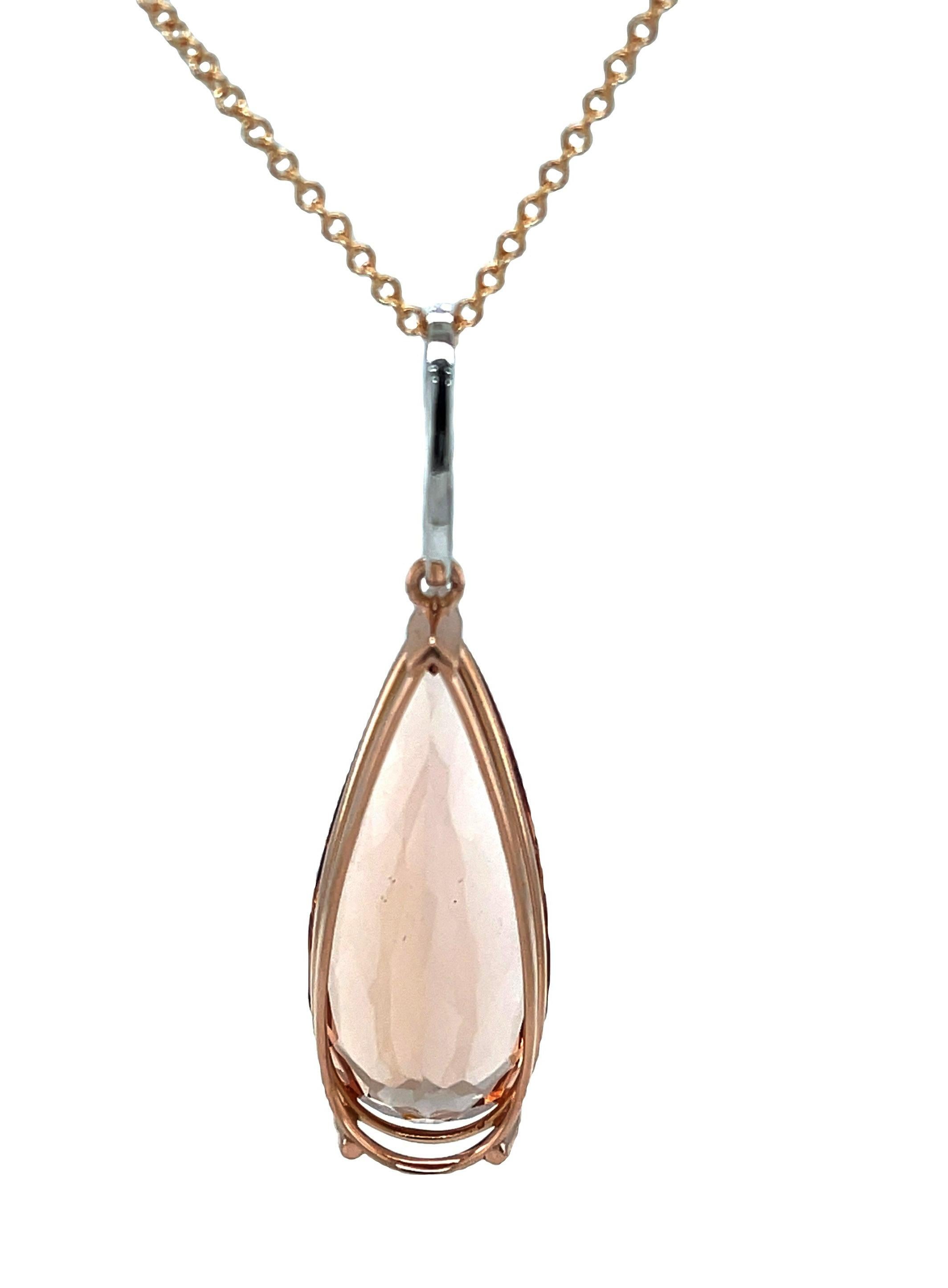 28 Carat Morganite Pear Shape and Diamond Necklace in 18k Rose and White Gold For Sale 1