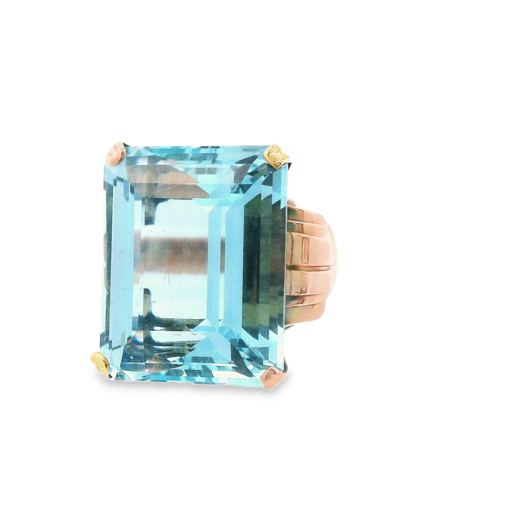 Emerald Cut 28+ Carat Natural Aquamarine and 18k Rose Gold Art Deco Ring For Sale