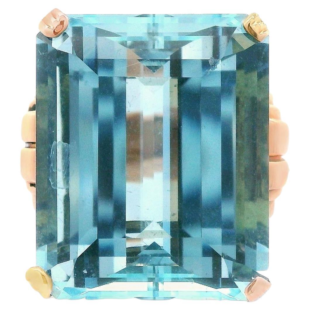 28+ Carat Natural Aquamarine and 18k Rose Gold Art Deco Ring For Sale