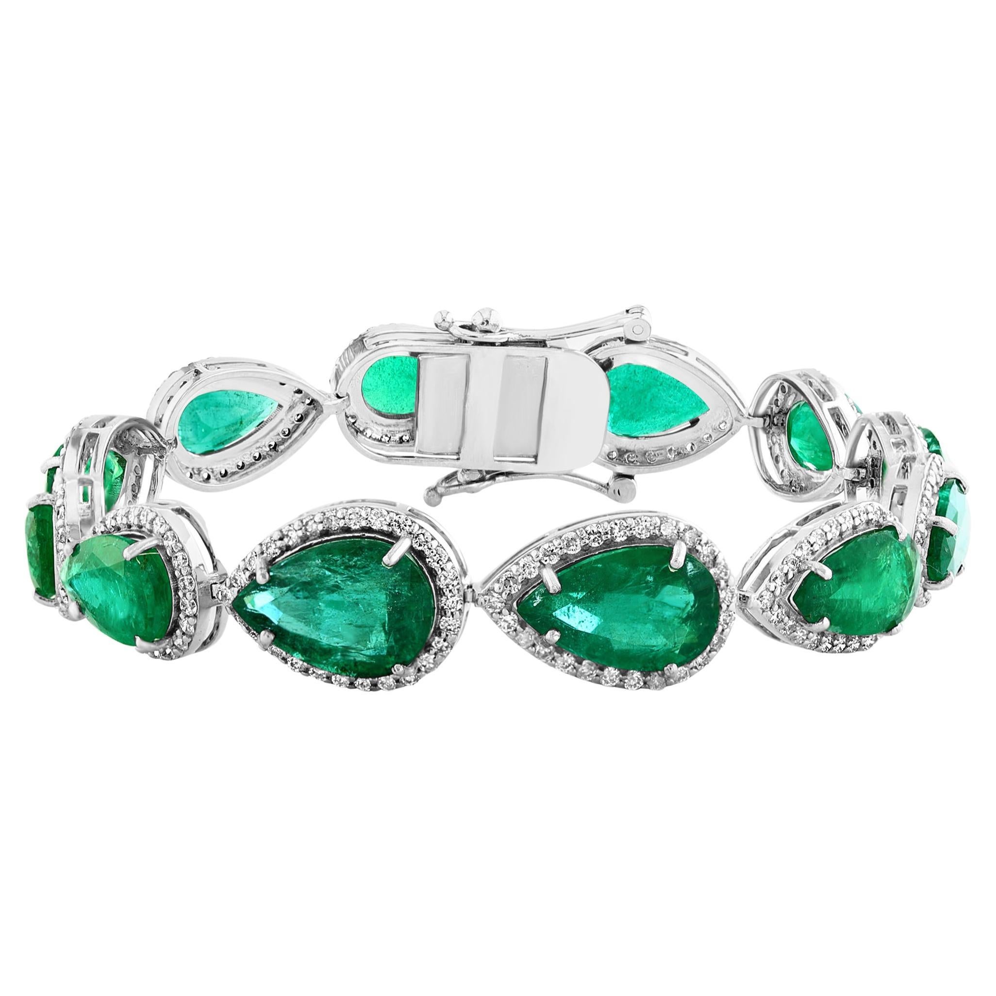 28 Carat Natural Zambian Emerald & Diamond Tennis Bracelet 14 Karat White Gold