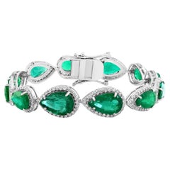 28 Carat Natural Zambian Emerald & Diamond Tennis Bracelet 14 Karat White Gold