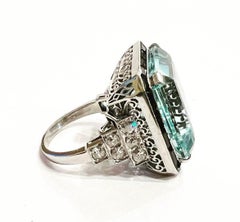 28 Carat Octagonal Cut Aquamarine Diamonds Onyx Platinum Cocktail  Ring