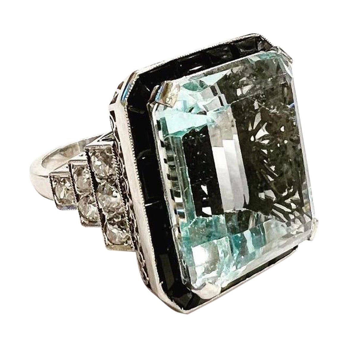 28 Karat Achteckschliff Aquamarin Diamanten Onyx Platin Cocktail-Cocktail  Ring