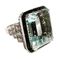 28 Carati Taglio Ottagonale Acquamarina Diamanti Onice Platino Cocktail  Anello