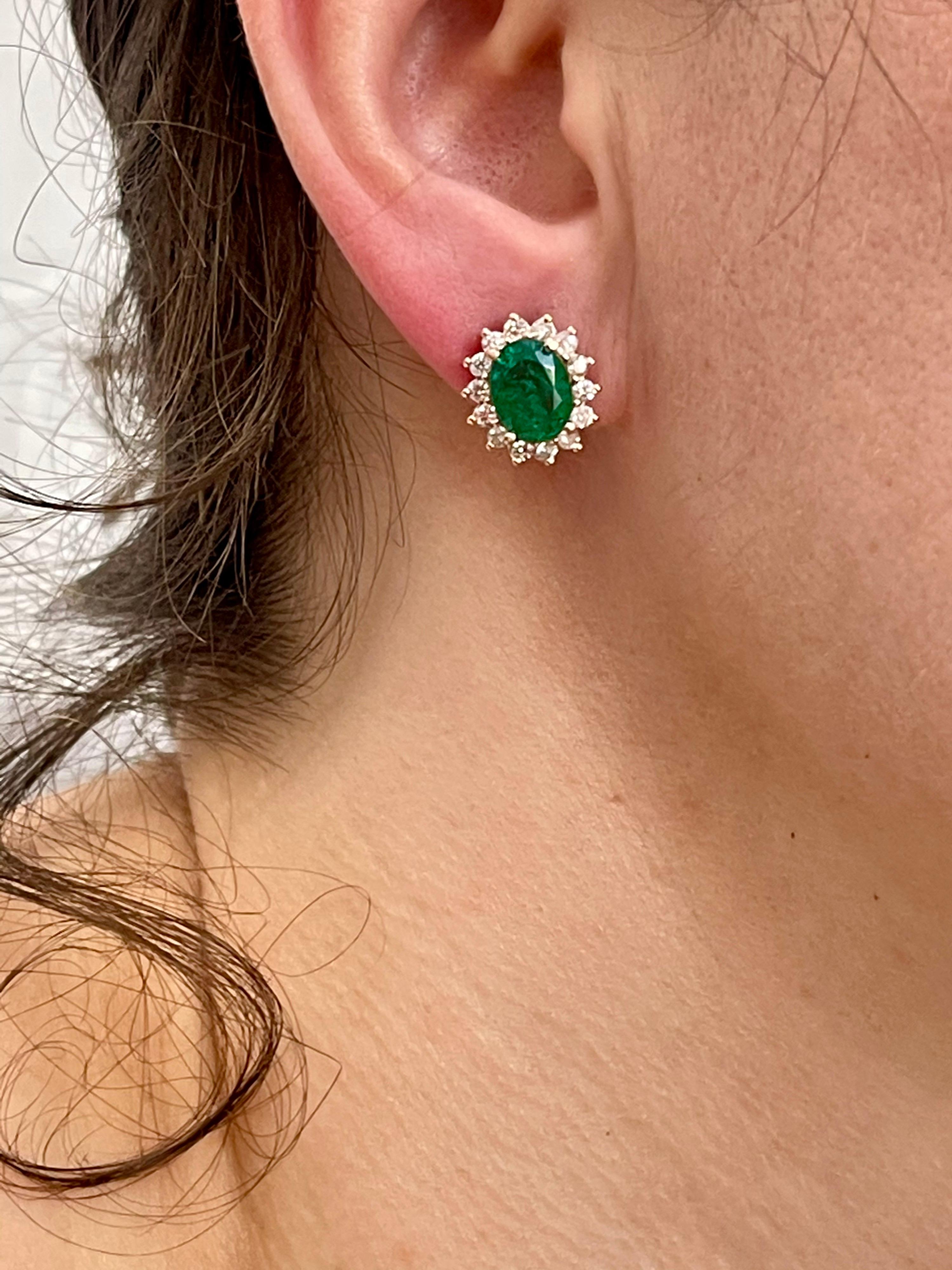 2.8 Carat Oval Shape Emerald and Diamond Post Back Earrings 14 Karat Yellow Gold 5