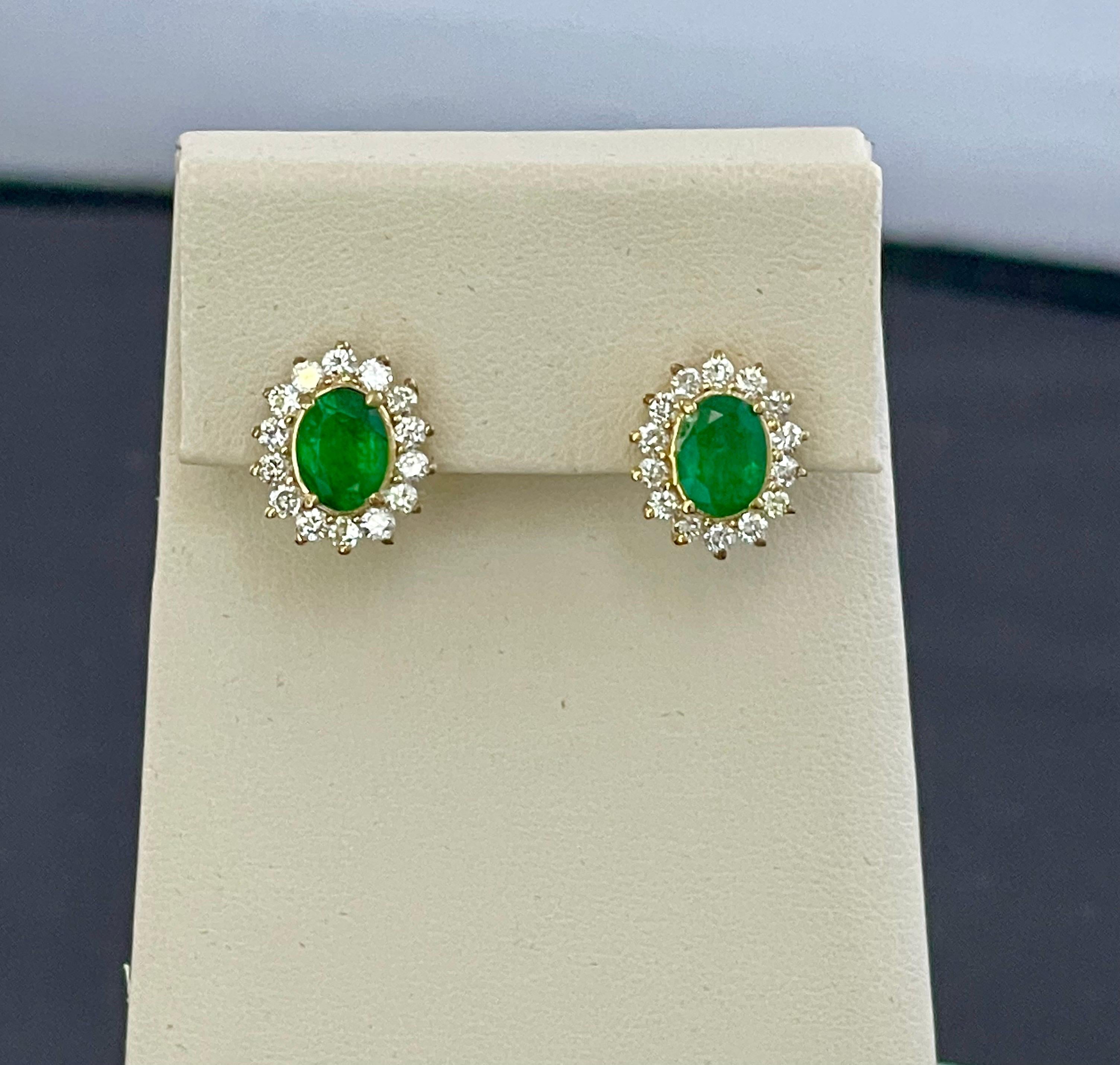 2.8 Carat Oval Shape Emerald and Diamond Post Back Earrings 14 Karat Yellow Gold 13