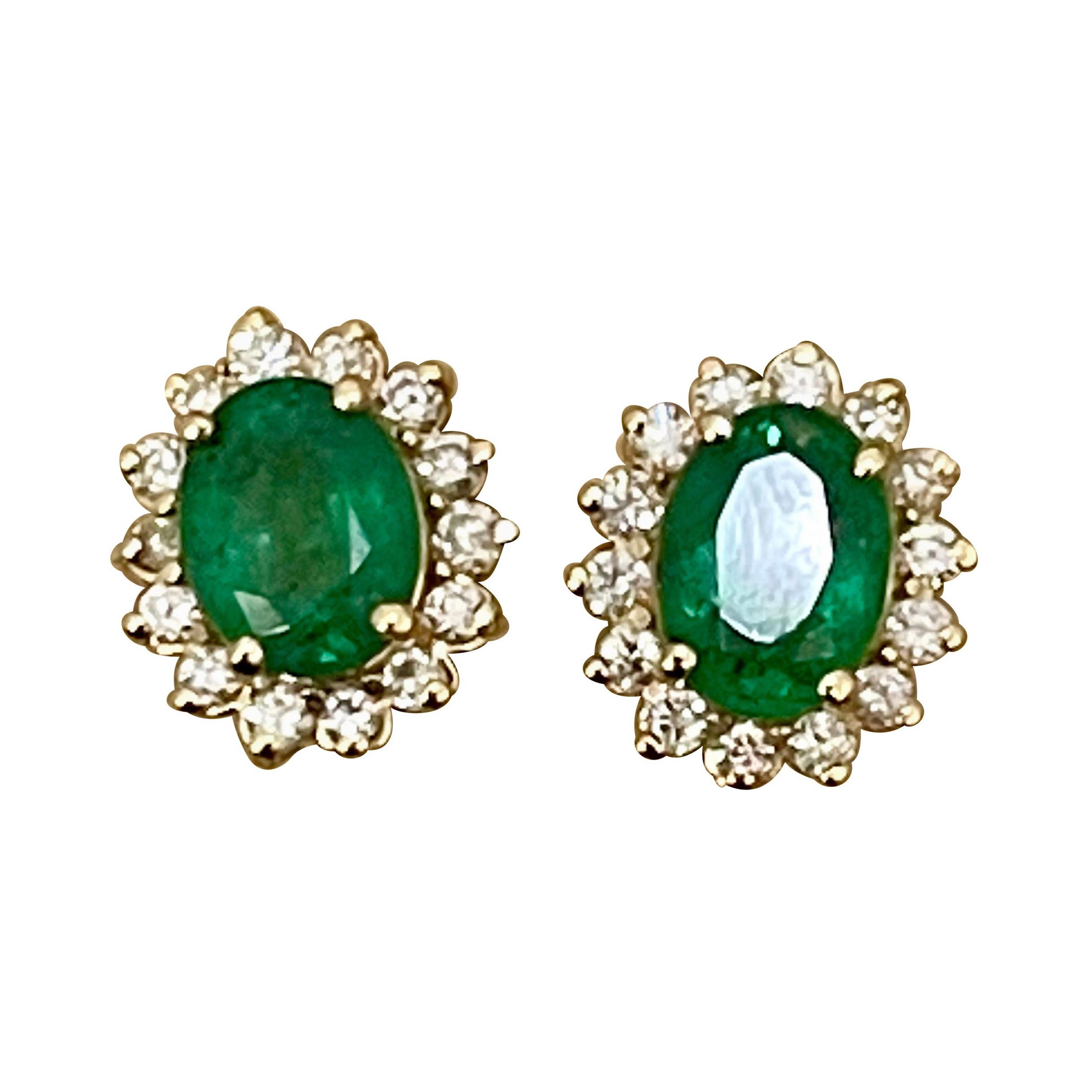 2.8 Carat Oval Shape Emerald and Diamond Post Back Earrings 14 Karat Yellow Gold In Excellent Condition In New York, NY