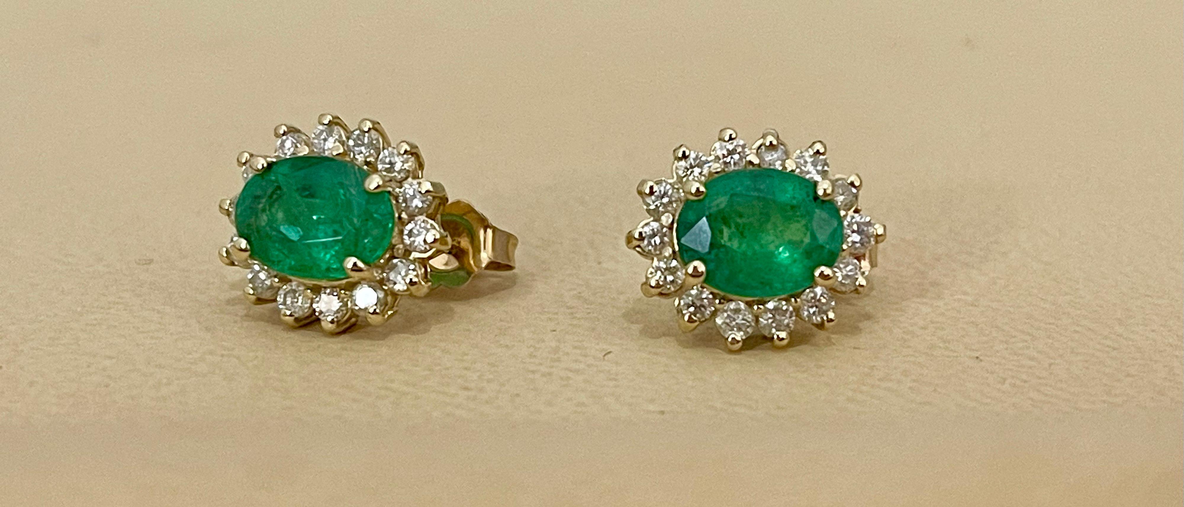 2.8 Carat Oval Shape Emerald and Diamond Post Back Earrings 14 Karat Yellow Gold 4