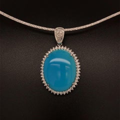 28 Carat Oval Turquoise and Diamond Gold Vintage Halo Pendant Necklace