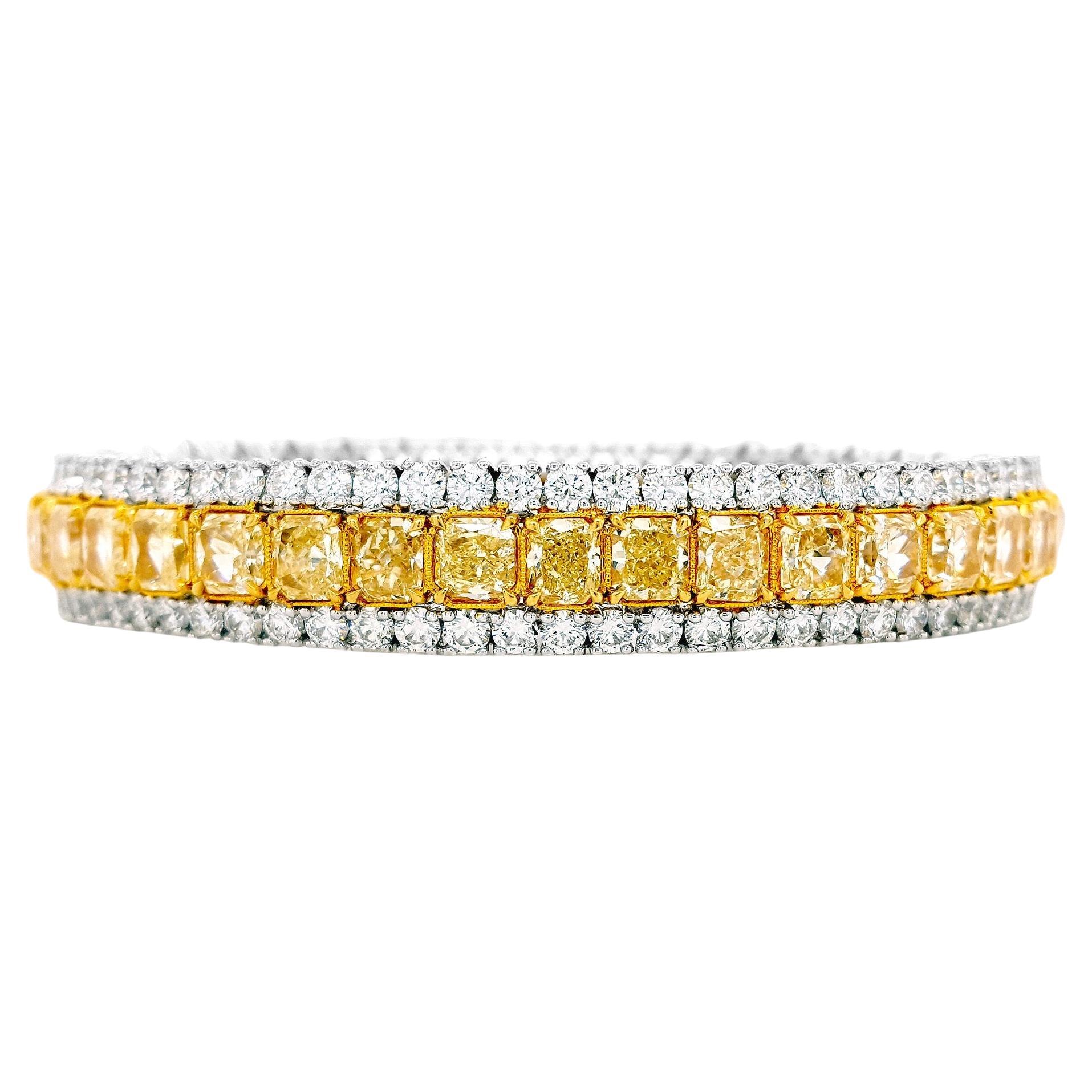 Bracciale con diamanti bianchi e gialli radianti da 28 carati in oro giallo 18 carati. in vendita