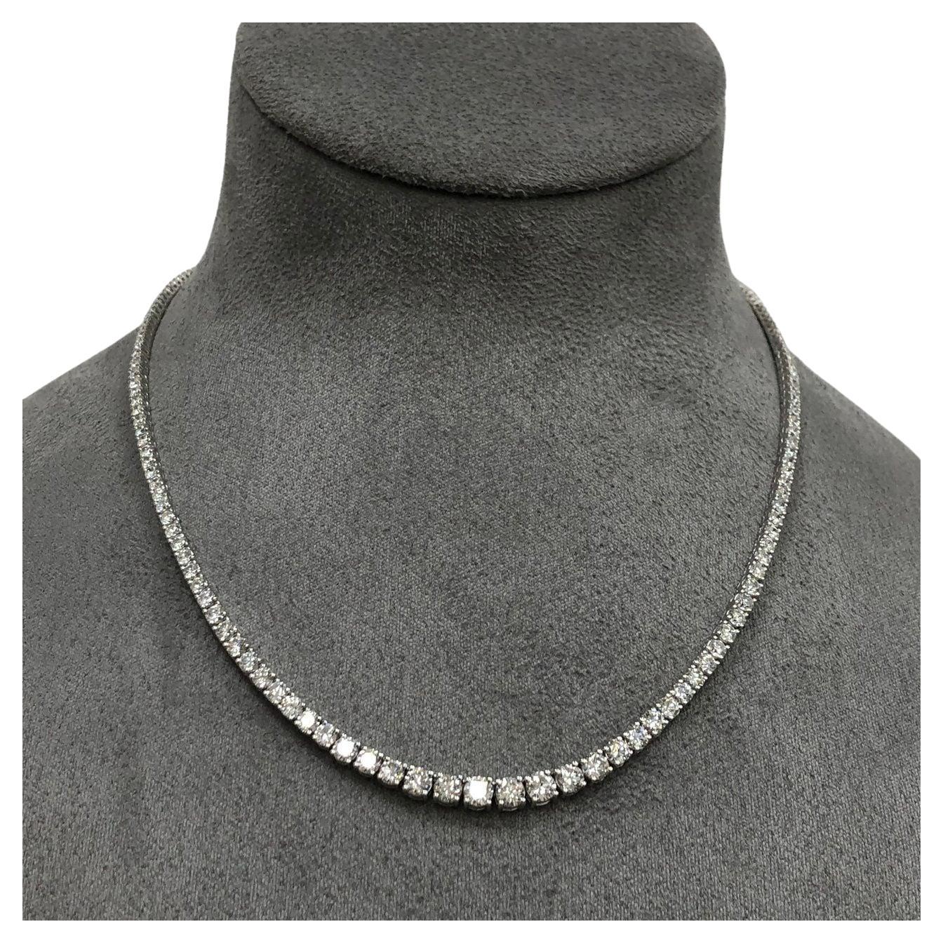 Round Cut 28 Carat Round Brilliant Cut Diamond Tennis Necklace Set in 18K White Gold For Sale