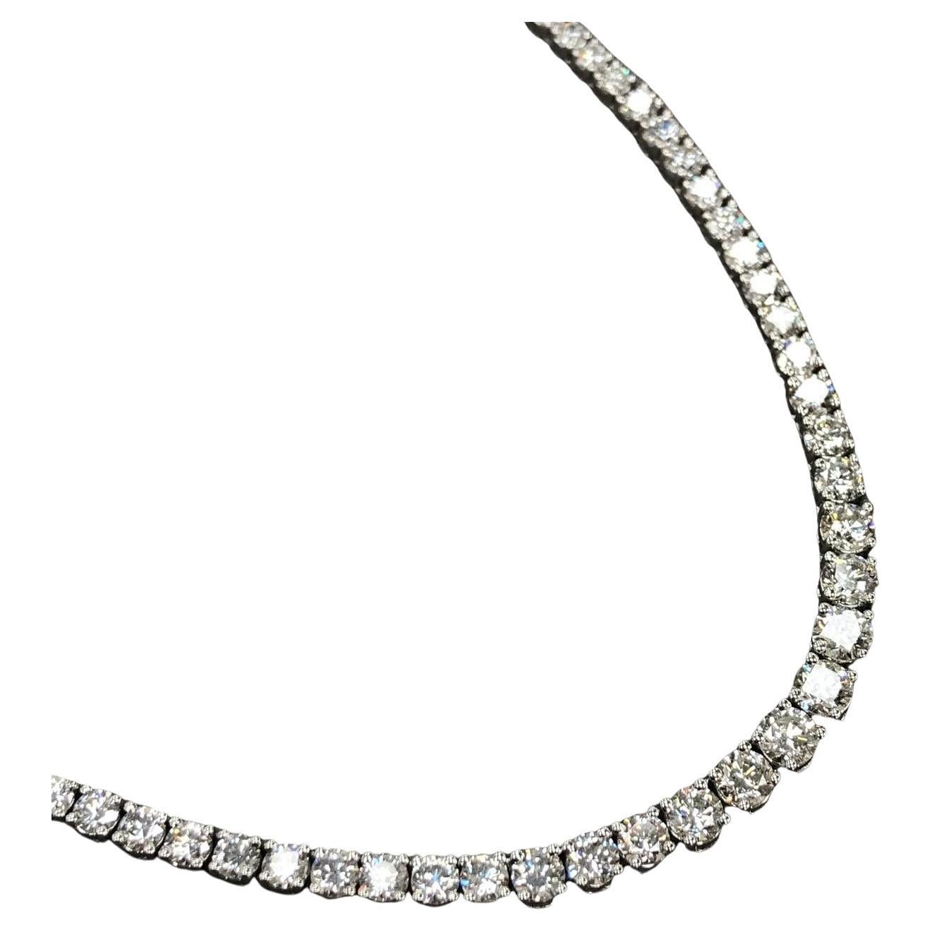 Women's or Men's 28 Carat Round Brilliant Cut Diamond Tennis Necklace Set in 18K White Gold For Sale