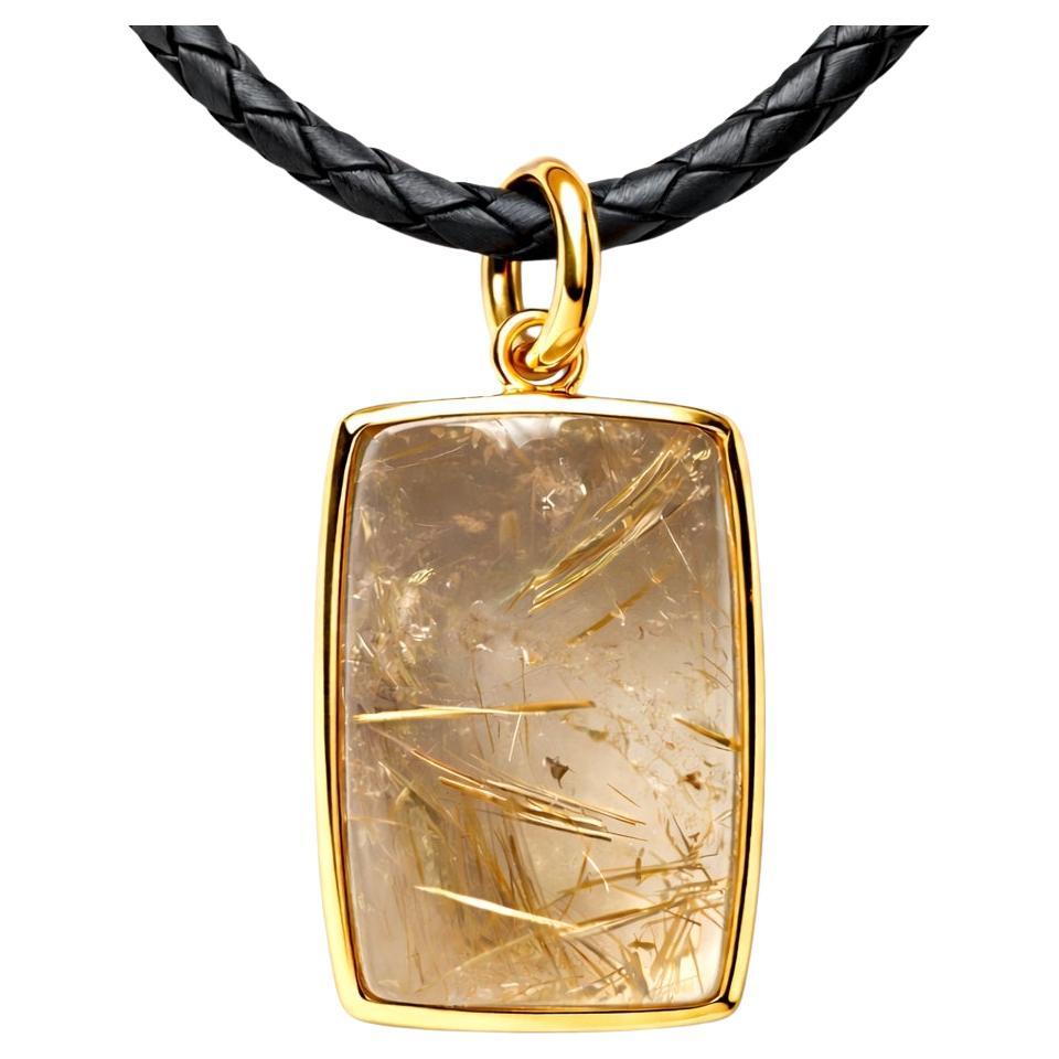 28 Carat Rutilated Quartz Crystal Cabochon in Gold Pendant Necklace by A. Leyser