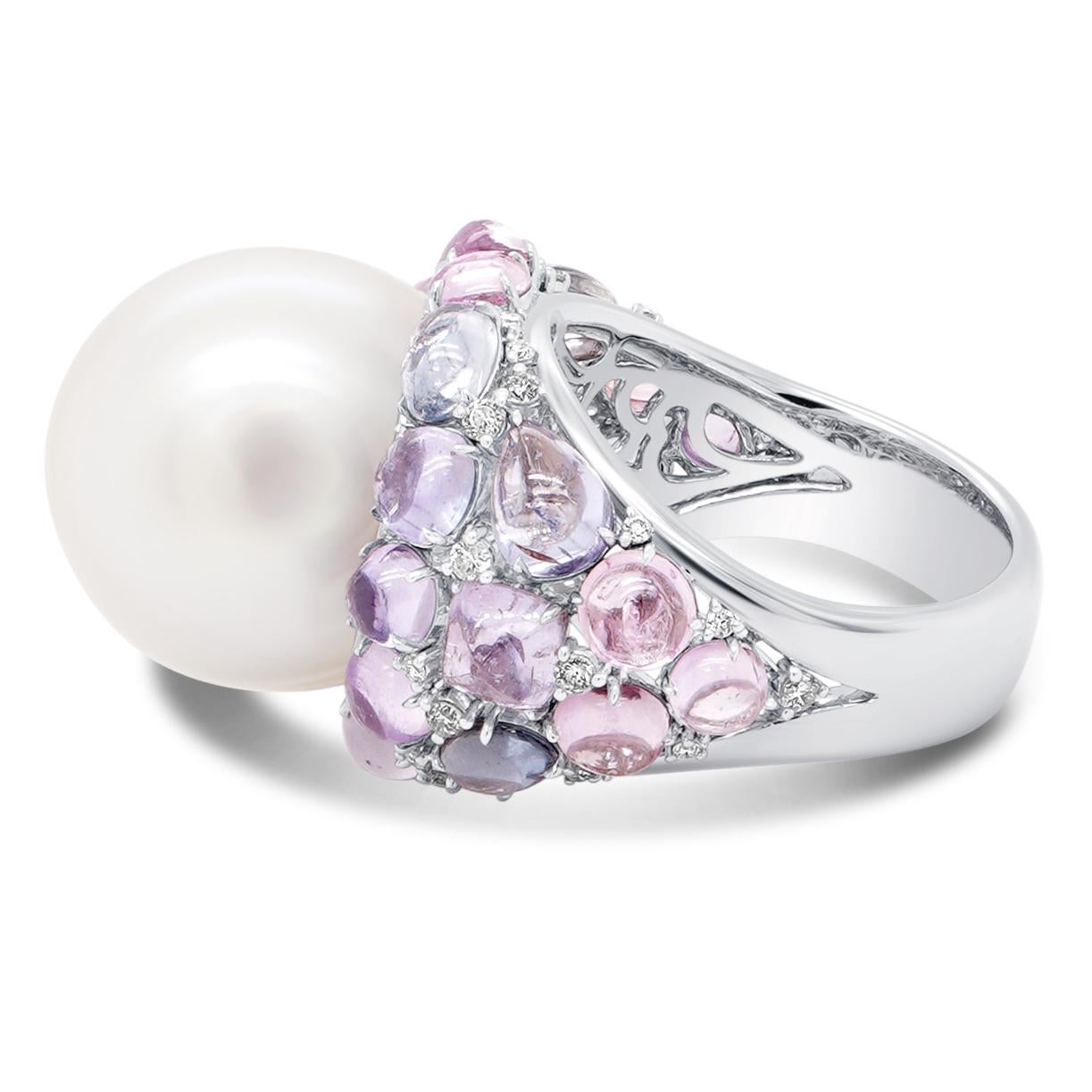 Round Cut 28 Carat South Sea Pearl Studded With 8 Carat No Heat Sapphire 18K Designer Ring For Sale