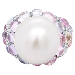 28 Carat South Sea Pearl Studded With 8 Carat No Heat Sapphire 18K Designer Ring