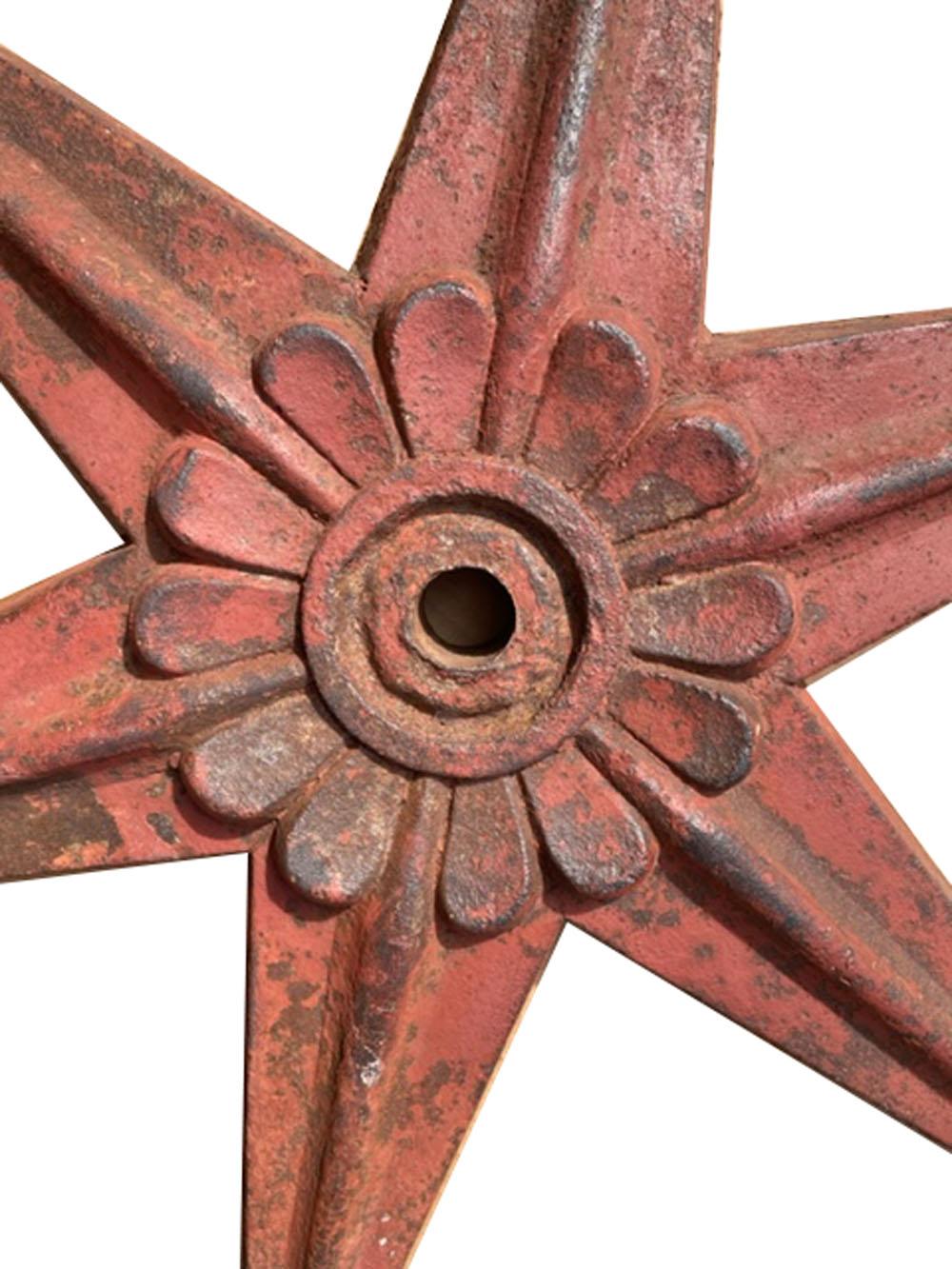 American 28 Inch Cast Iron Building Anchor of 6 Pointed Star Form with Sunflower Center