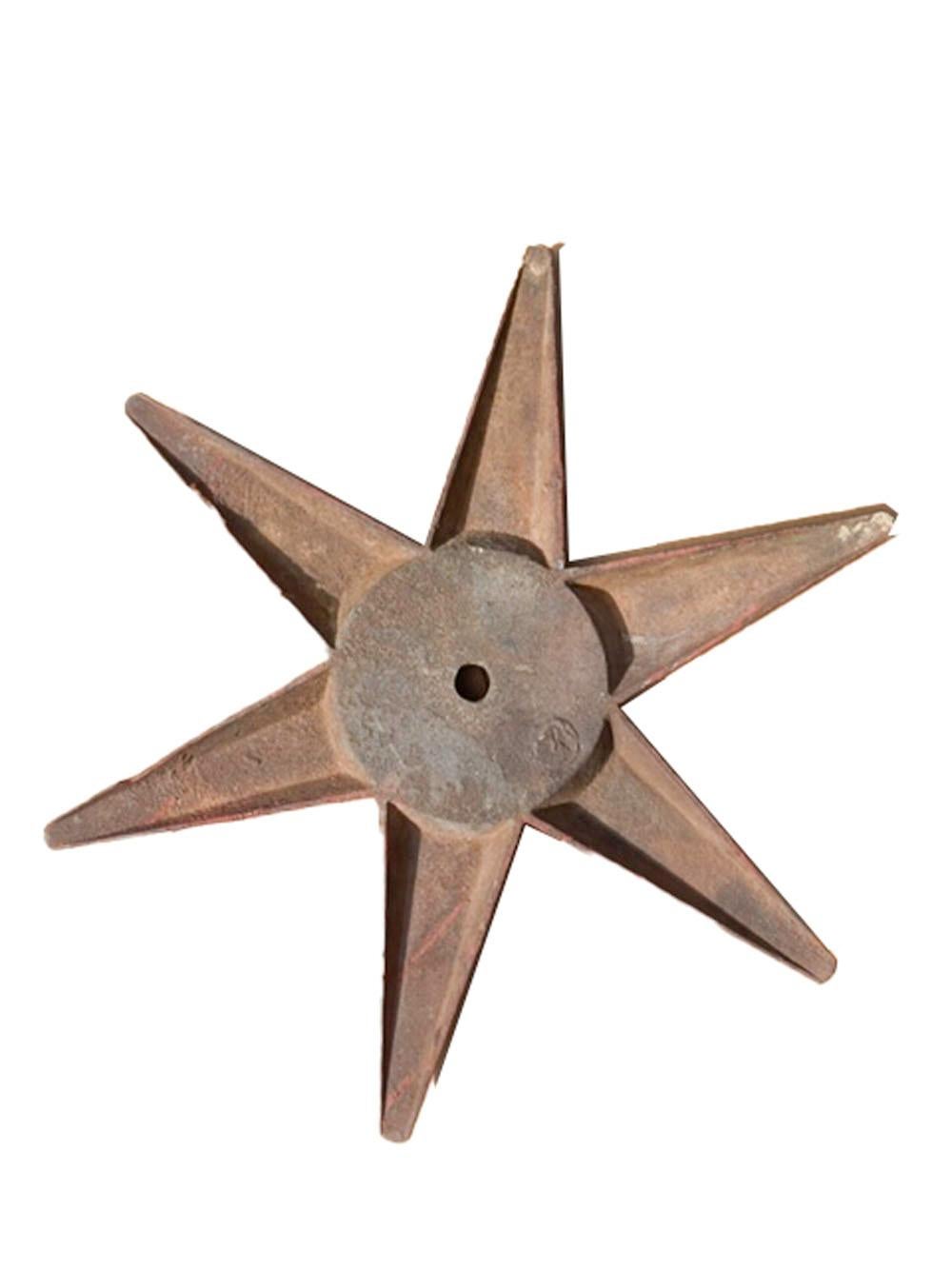 19th Century 28 Inch Cast Iron Building Anchor of 6 Pointed Star Form with Sunflower Center