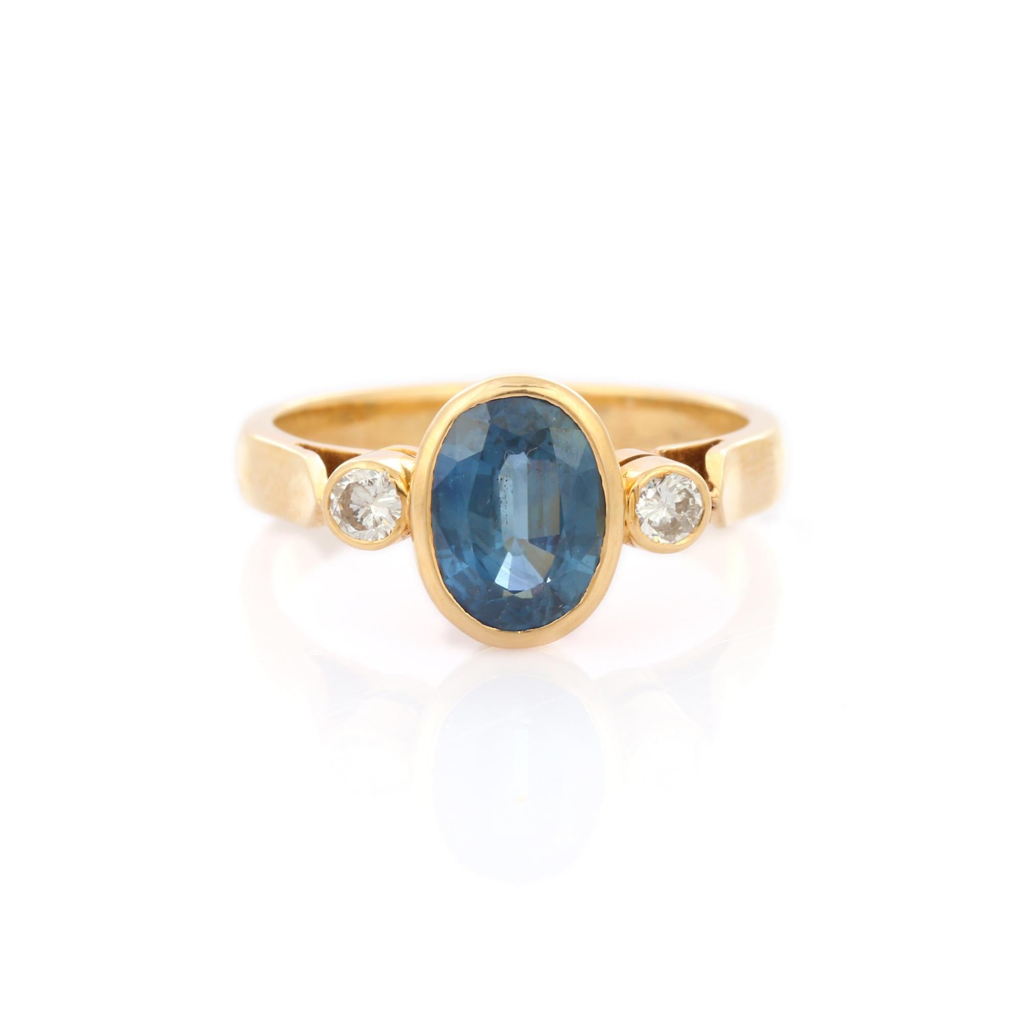 For Sale:  2.8 Ct Blue Sapphire & Diamond Three Stone Engagement Ring in 18K Yellow Gold 2