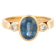 2.8 Ct Blue Sapphire & Diamond Three Stone Engagement Ring in 18K Yellow Gold