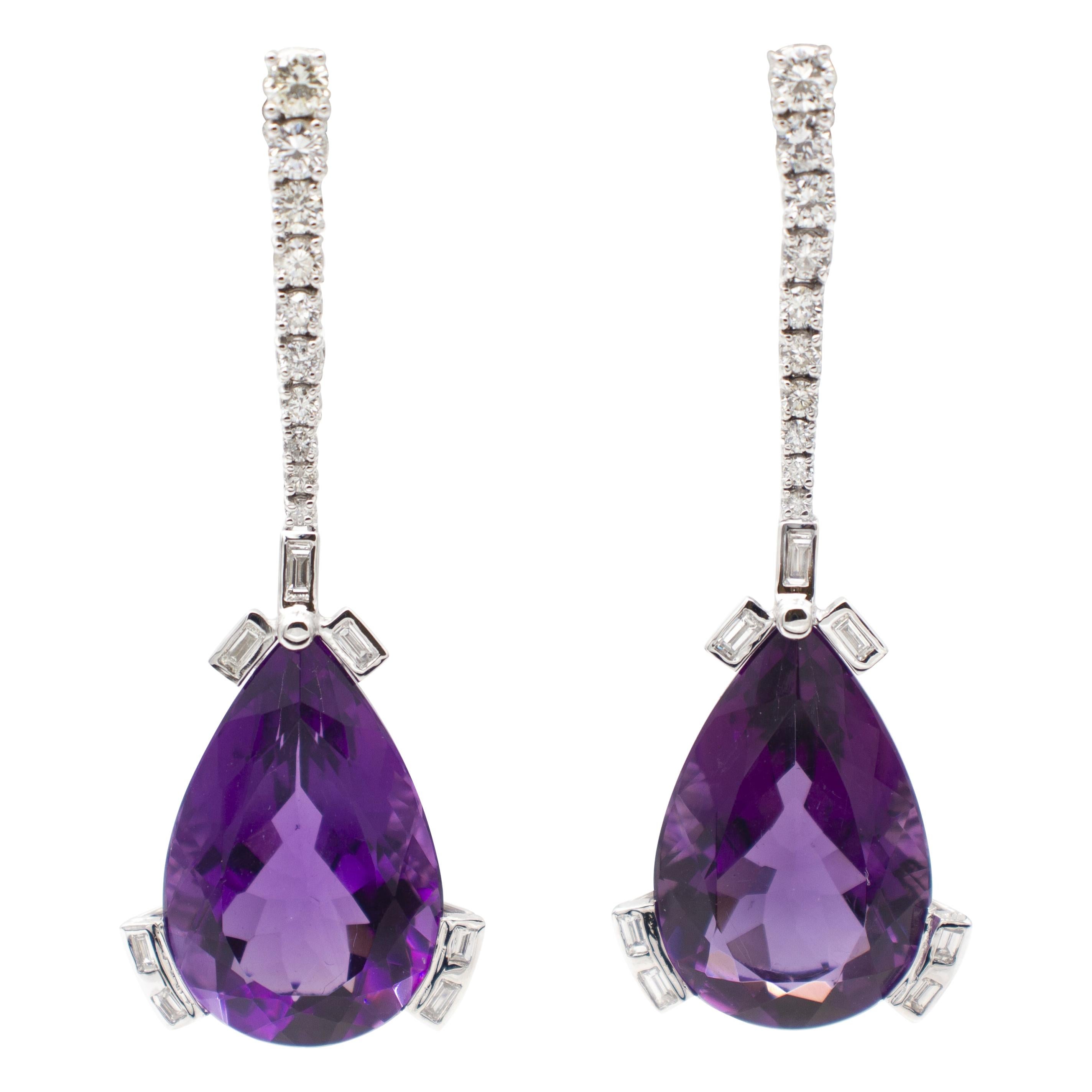 28 ct Drops Amethyst, Round and Emerald Cut Diamonds, 18kt White Gold Earrings For Sale