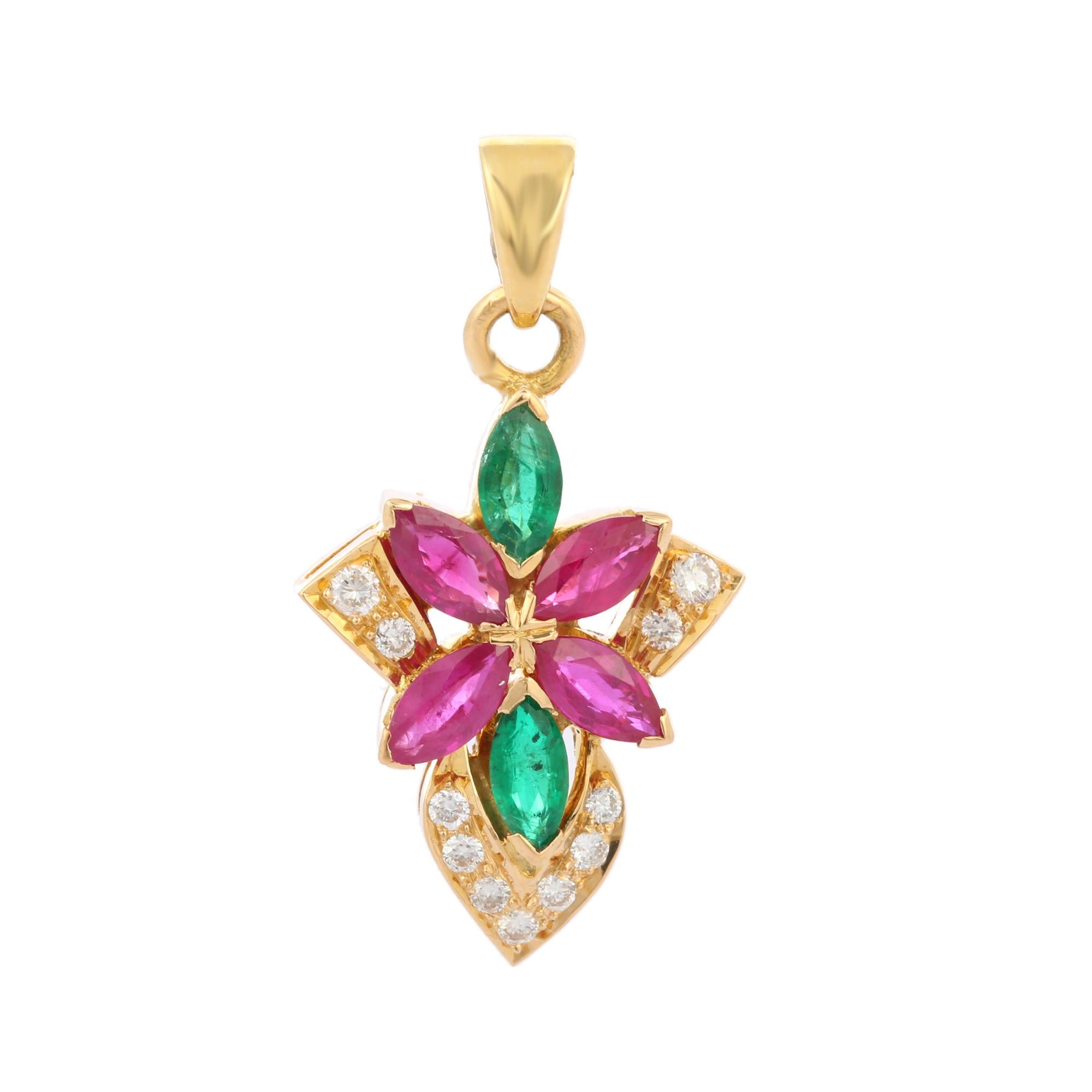 Emerald ruby flower with diamonds pendant necklace flower pendant in 18K Gold. It has a marquise cut gemstone studded with diamonds that completes your look with a decent touch. Pendants are used to wear or gifted to represent love and promises.