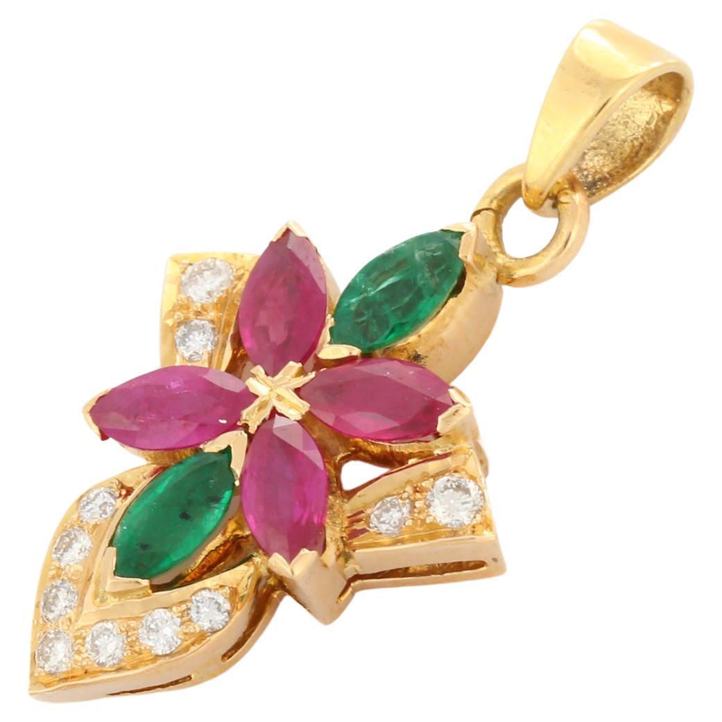 2.8 ct Emerald Ruby Flower with Diamond Pendant Embedded in 18K Yellow Gold For Sale