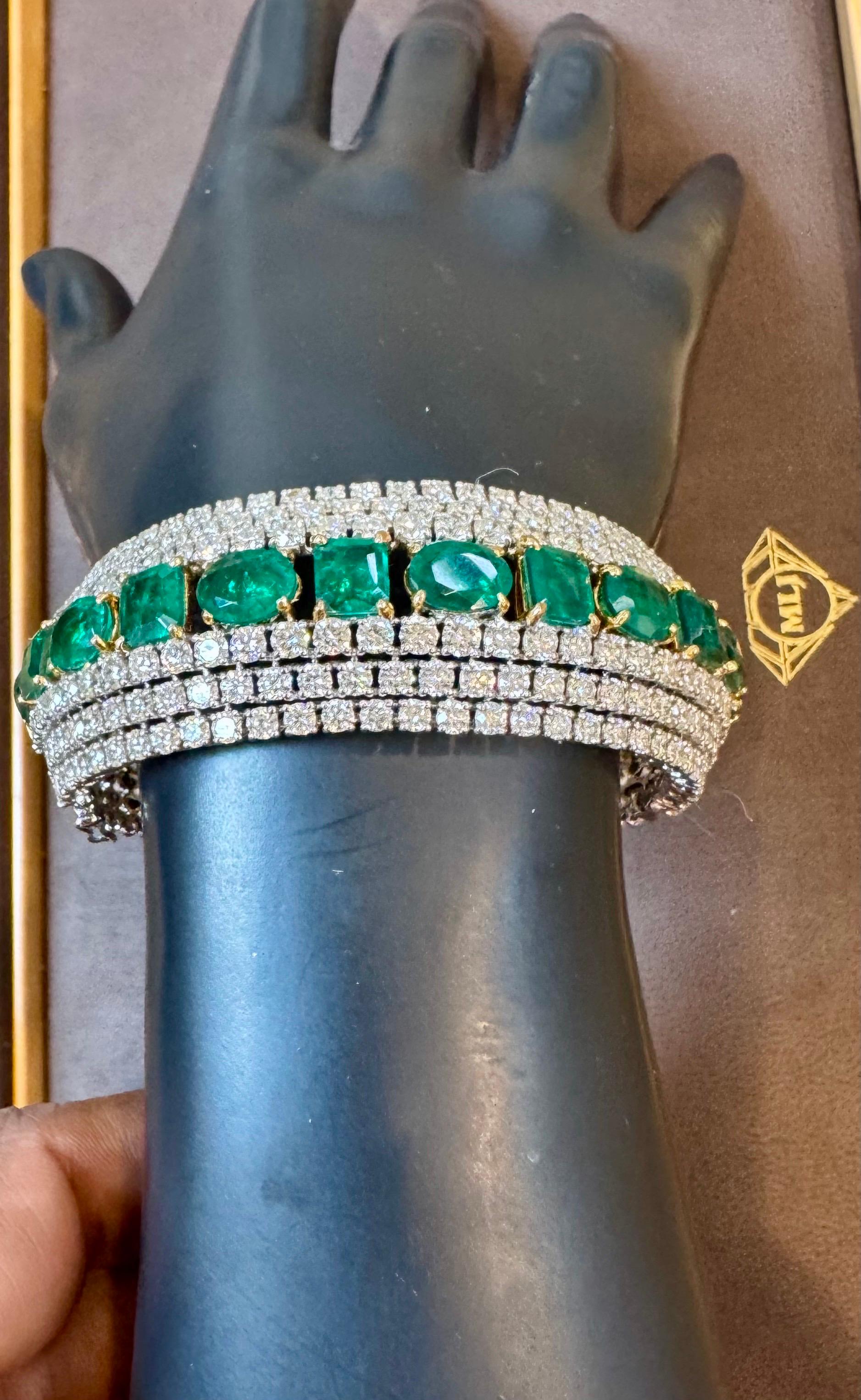 Emerald Cut 28 Ct  Finest Emerald and 30 Ct of Diamond Bangle Bracelet 1970