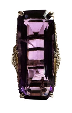 28 Ct Purple Amethyst & White Topaz Sterling Silver Baguette Statement Ring