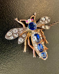 2.8 CT Sapphire Old Mine Diamond Ruby Insect Bug Fly Brooch Victorian Gold