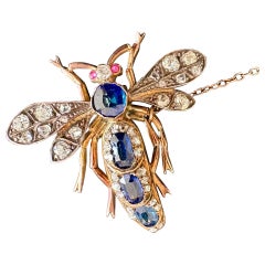 2.8 CT Sapphire Old Mine Diamond Ruby Insect Bug Fly Brooch Victorian Gold