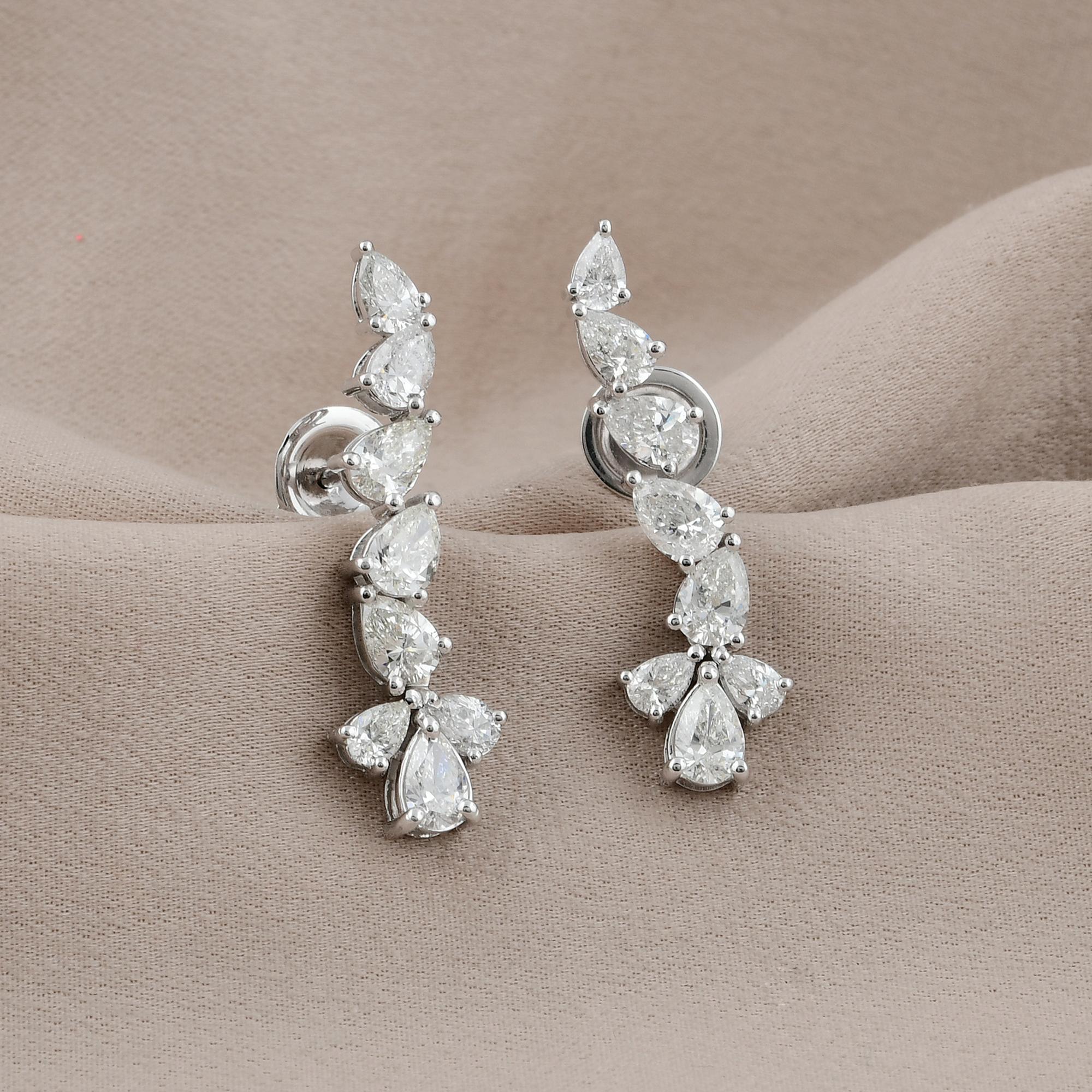 Modern 2.8 Ct SI Clarity HI Color Pear Diamond Ear Climber Earrings 14 Karat White Gold For Sale