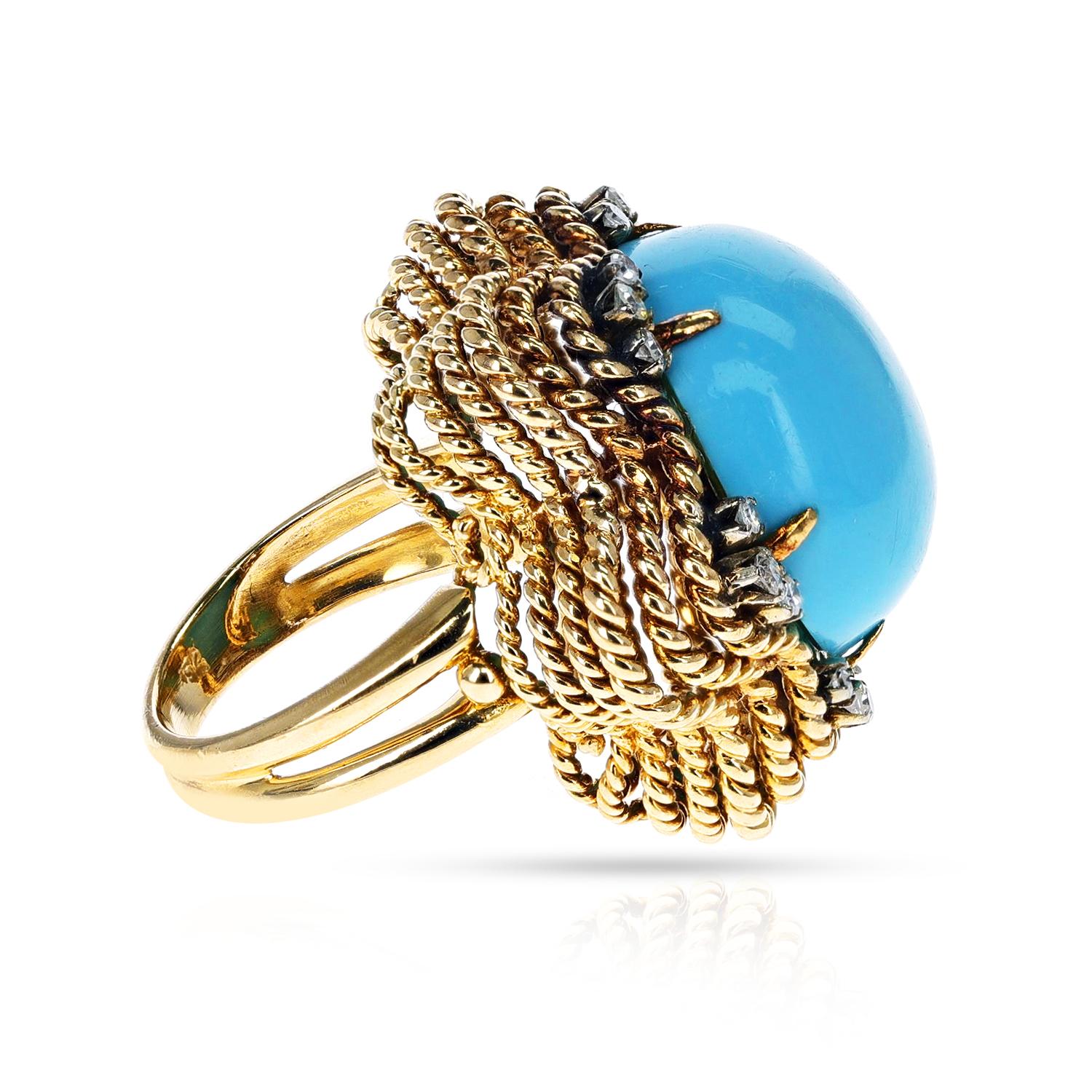 Cabochon 28 Ct. Turquoise and Diamond Cocktail Ring, 18k For Sale