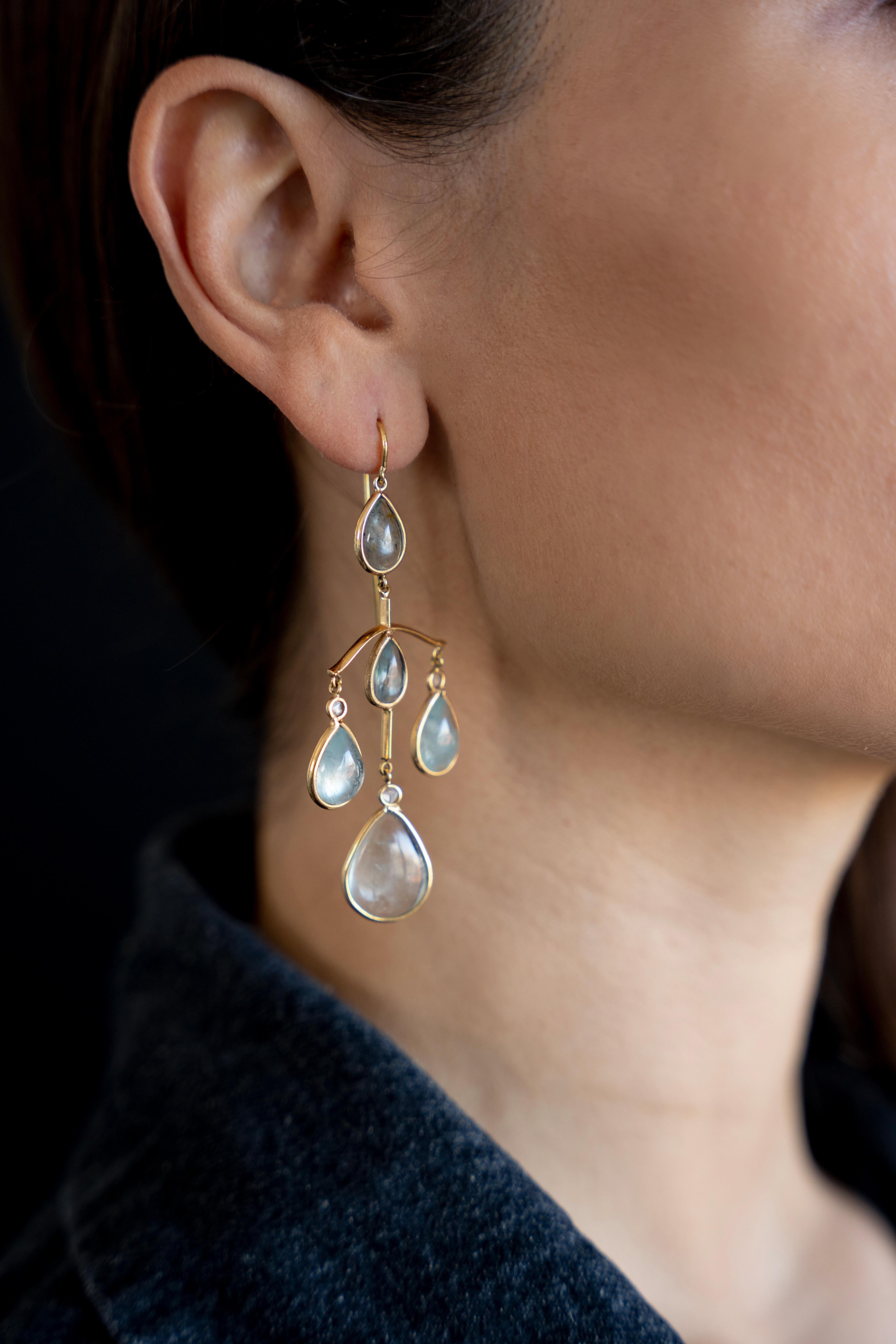 These luminous chandelier earrings composed of ten pear shape aquamarine cabochons, weight: 28 carats and six rose cut diamonds, weight: 0.15ct will illuminate your appearence; Created by Marion Jeantet, French assay mark.
Price without local taxes.