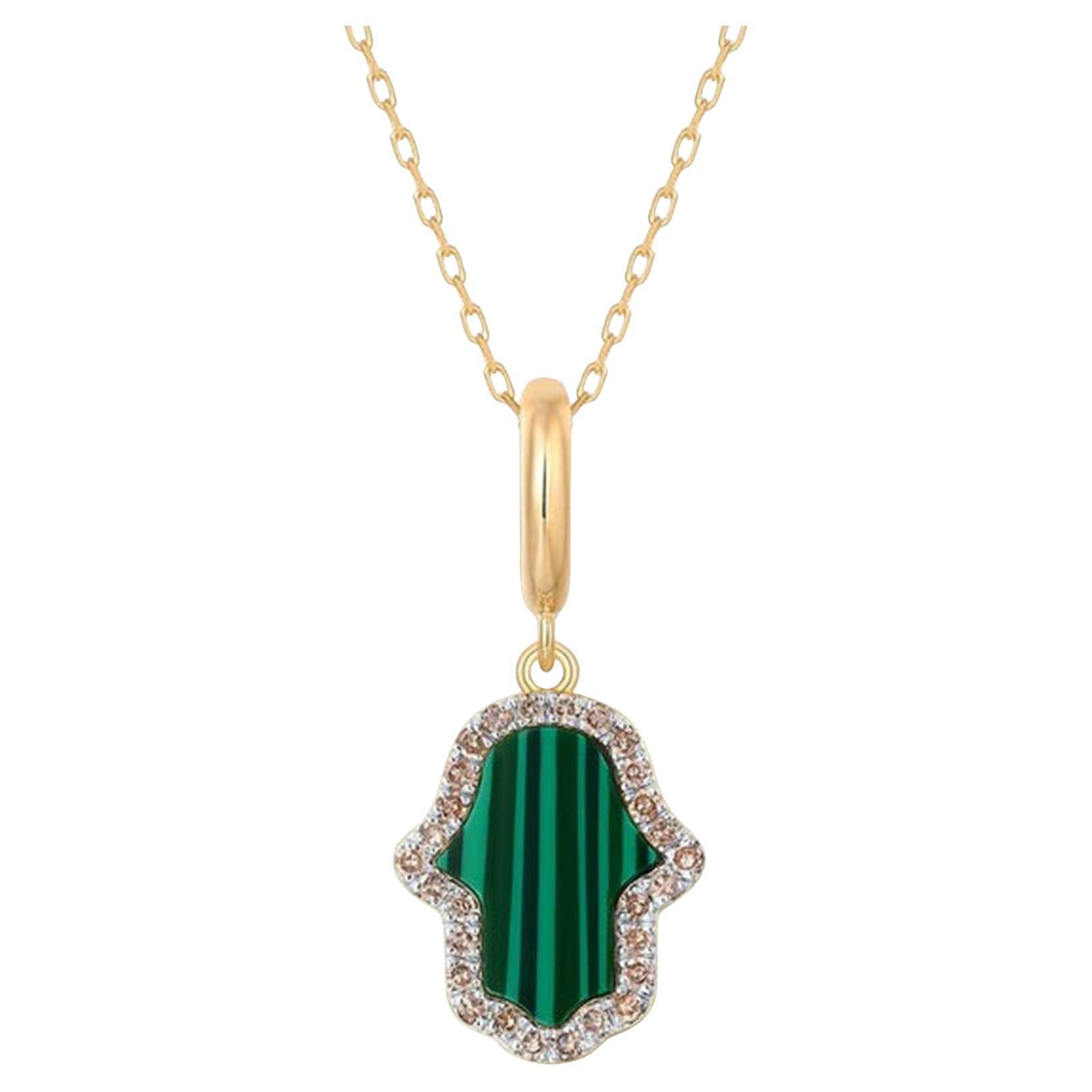 28 Diamond Malachite 14K (or 18k request) Yellow Gold Hamsa Pendant Necklace