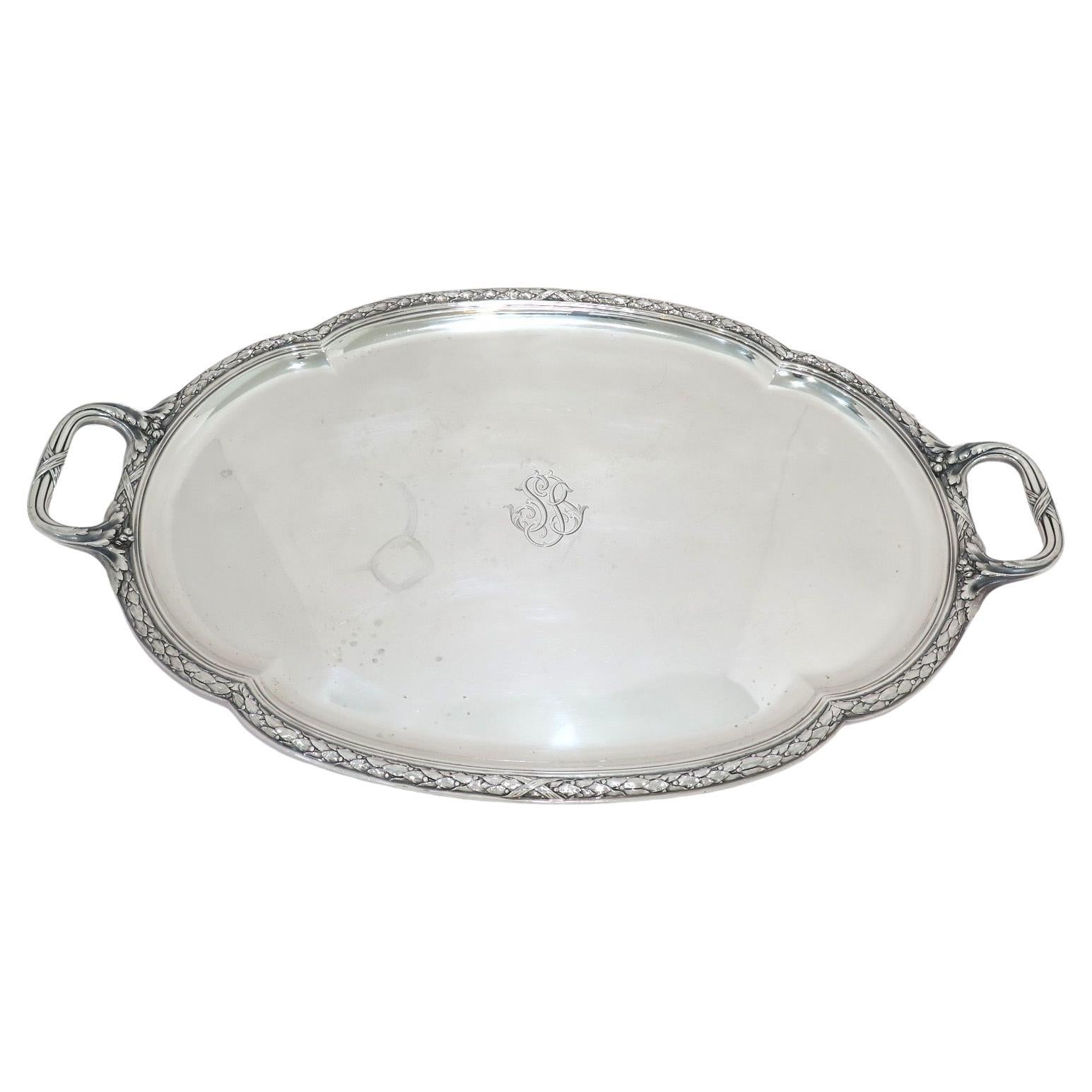 28 in - 950 Silver Antique French Garland Rim Oval Tray