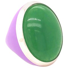 Berca 28 Kt Natural Green Jade Lilac Hand Enameled Sterling Silver Cocktail Ring