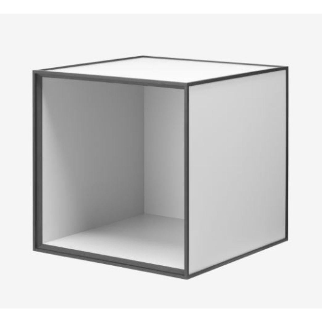 28 light grey frame box by Lassen
Dimensions: w 28 x d 28 x h 28 cm 
Materials: Finér, Melamin, Melamin, Melamine, Metal, Veneer, Oak
Also available in different colors and dimensions. 

By Lassen is a Danish design brand focused on iconic