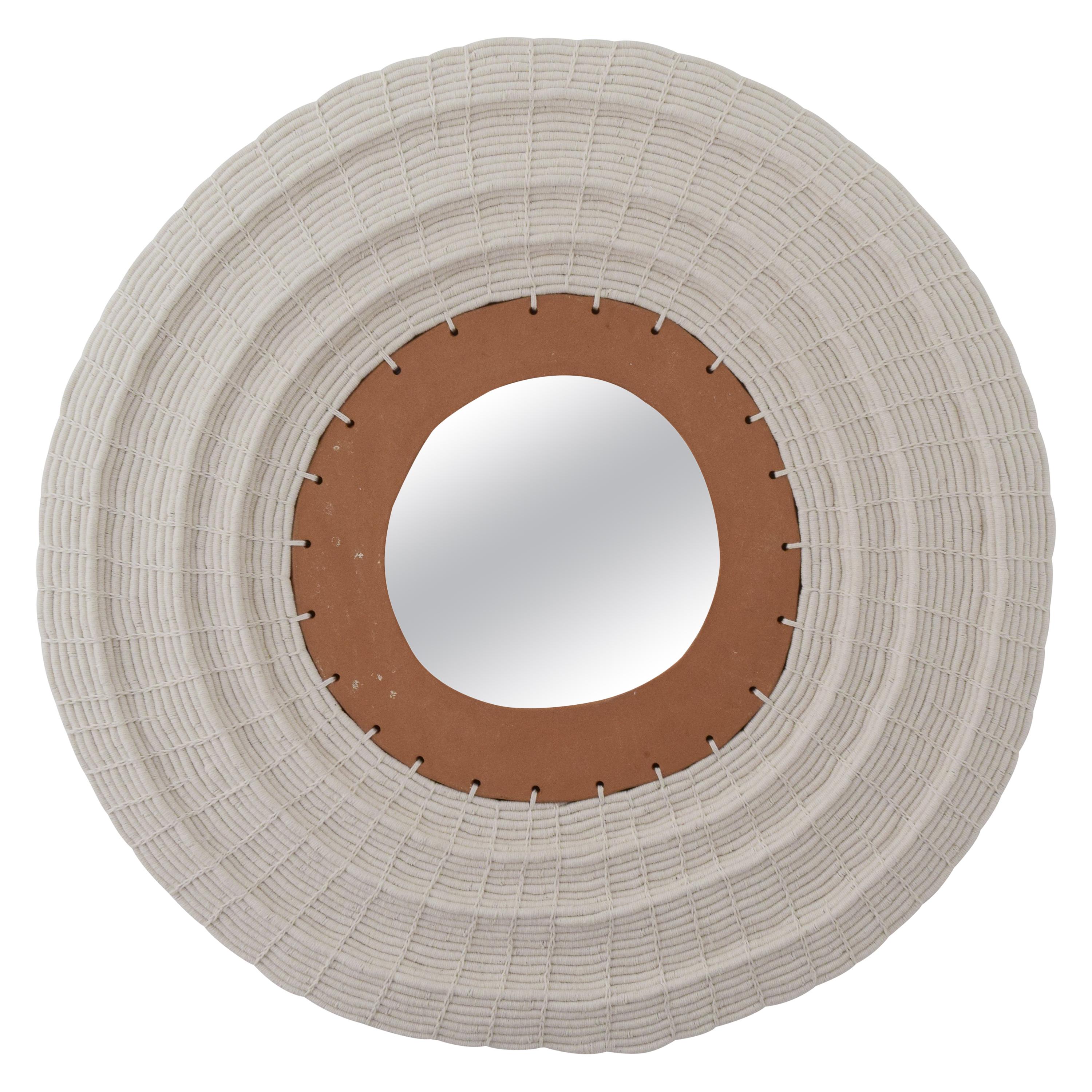 28" Round Woven Cotton and Ceramic Mirror in White and Natural Terracotta