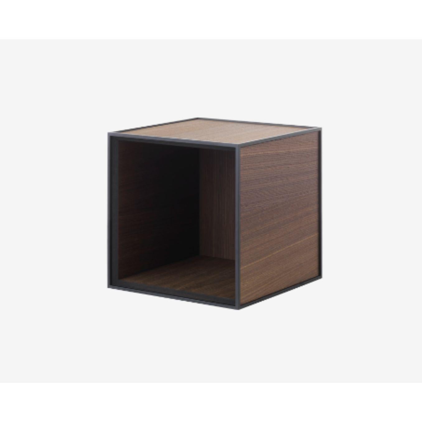 28 smoked Oak frame box by Lassen
Dimensions: W 28 x D 28 x H 28 cm 
Materials: Finér, Melamin, Melamin, Melamine, Metal, Veneer, Oak
Also available in different colors and dimensions.

By Lassen is a Danish design brand focused on iconic
