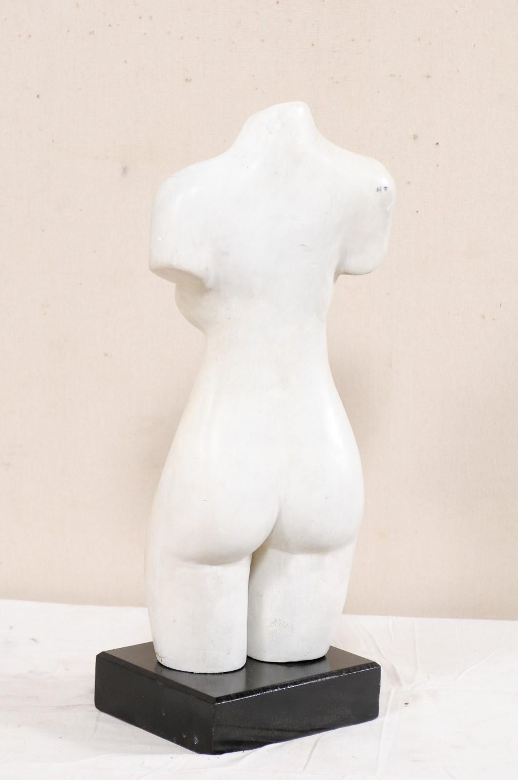 Tall Female Nude Torso Statue, Modern White on Contrasting Black Base 1