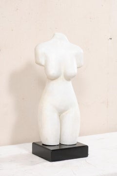 Tall Female Nude Torso Statue, Modern White on Contrasting Black Base