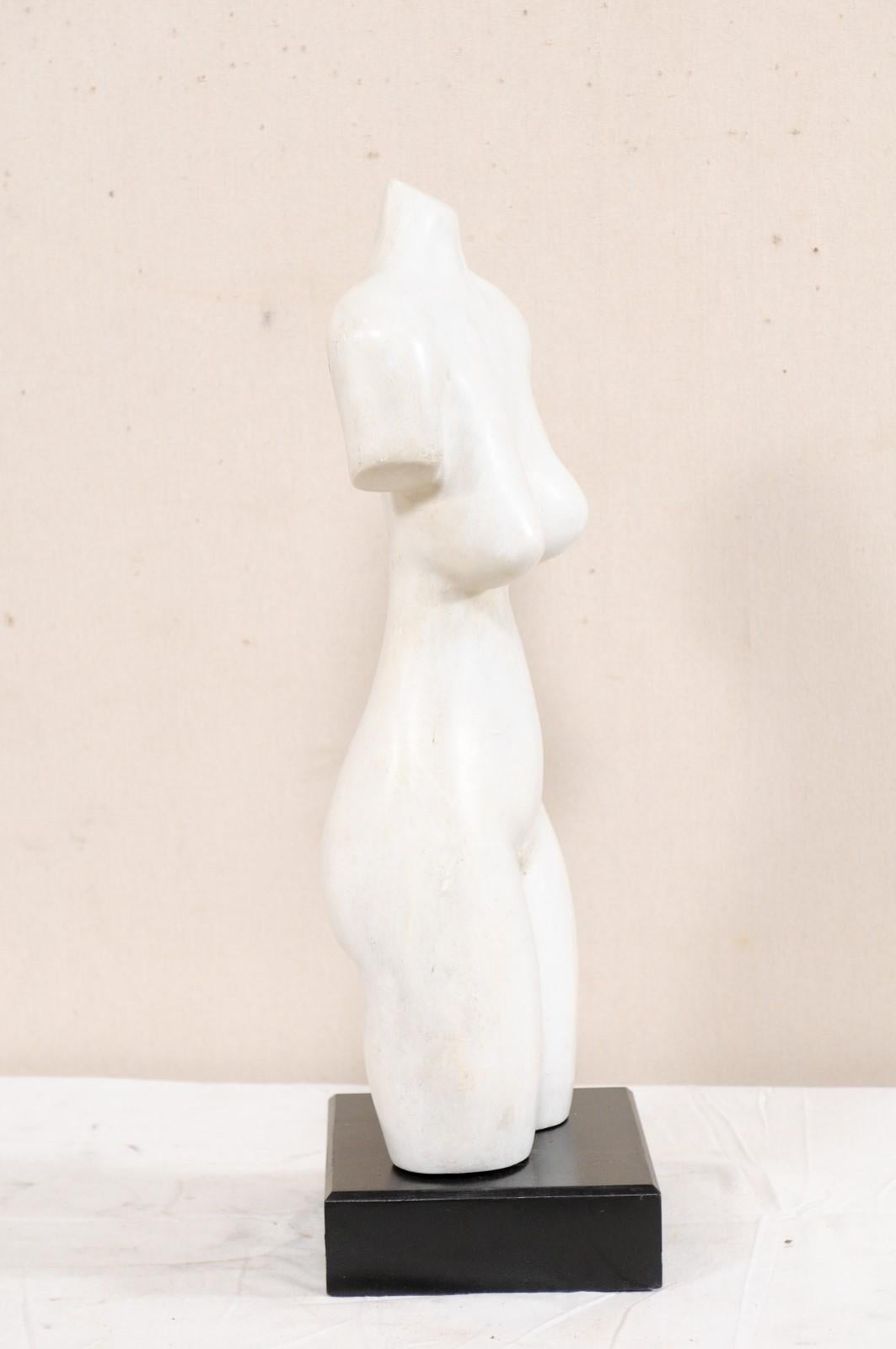 Tall Female Nude Torso Statue, Modern White on Contrasting Black Base In Good Condition In Atlanta, GA