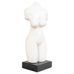 Tall Female Nude Torso Statue, Modern White on Contrasting Black Base